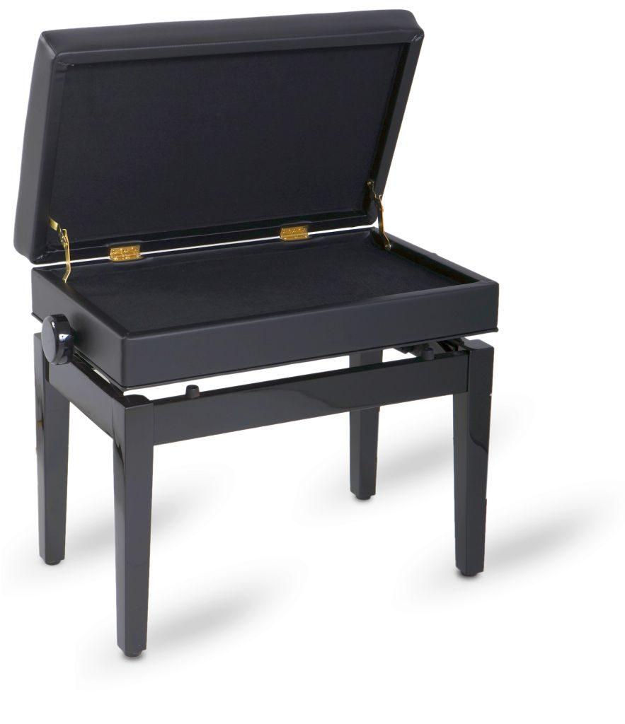 Piano bench black polished, imitation leather with compartment for notes (open)